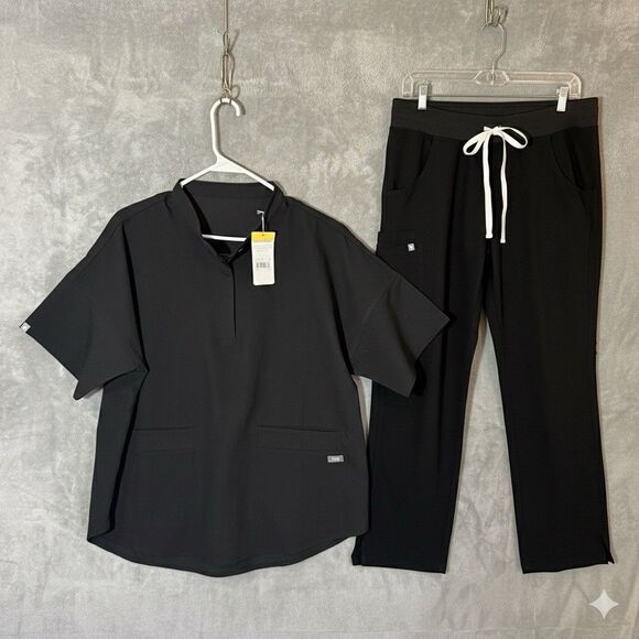 Pants - NWT FIGS M Set Ejura Scrub Tunic Top & Kade Cargo Scrub Pants Black Medical Tech